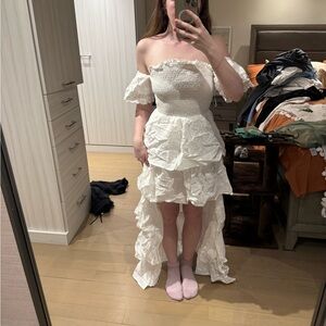 Aura White High Low Off-Shoulder Dress